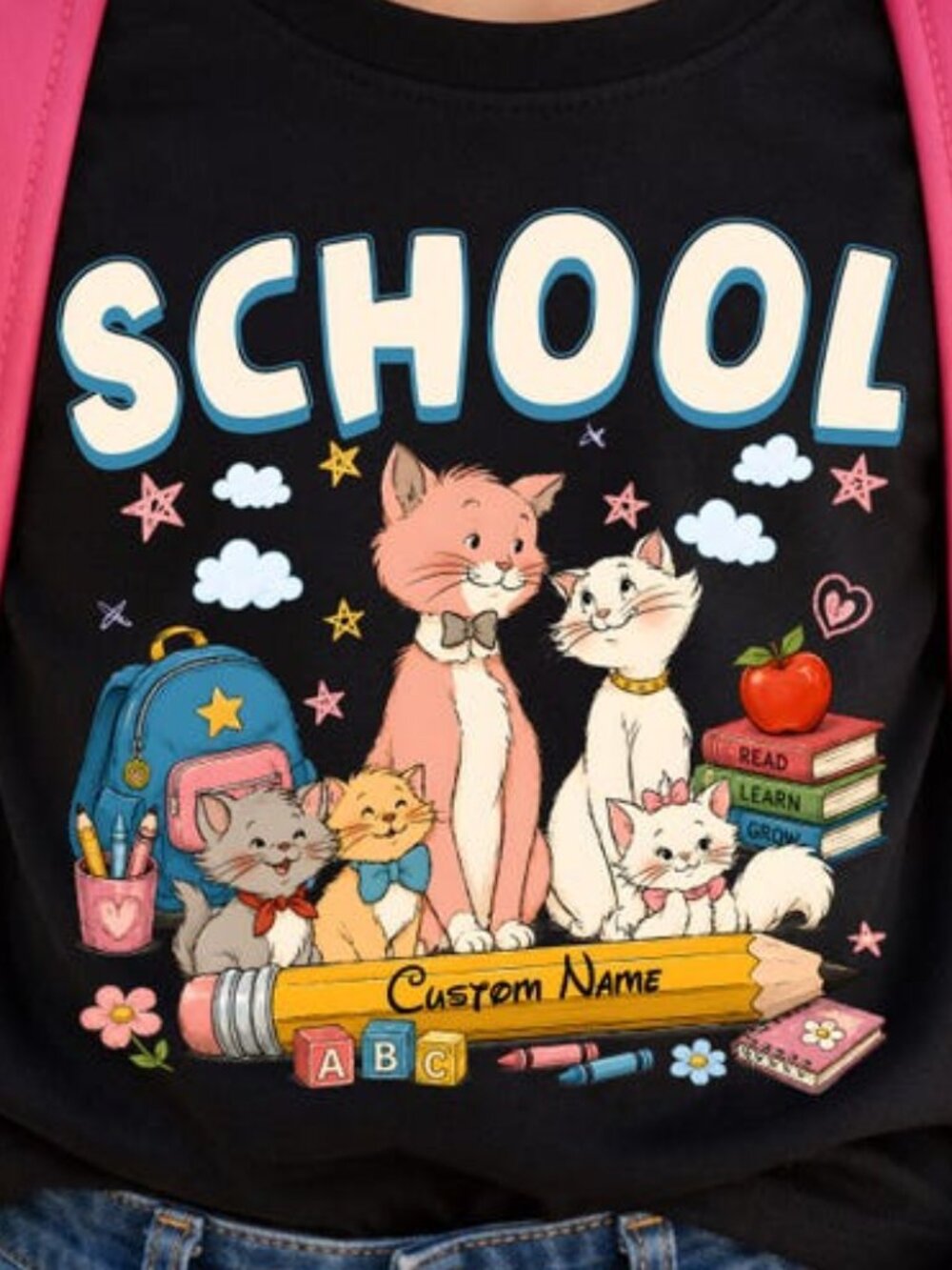 Custom Name School Cat Shirt, Back to School Kids Tee, Cute Cat Classroom Tee - Picture 2 of 4